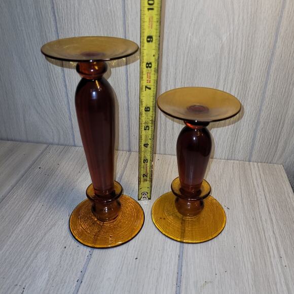 Vtg MCM Large Amber Glass Candle Holders Set Of 2 Retro Boho Victorian - Picture 5 of 5